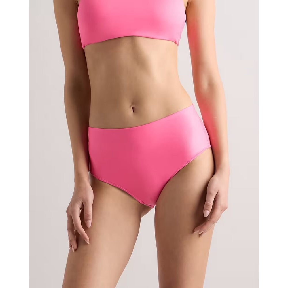 Quince Womens High Waisted Bikini Bottom Pink Recycled Nylon Swim Size S NEW